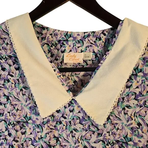 Lady Carol Purple Floral V-Neck Dress Size 14 0183 - Picture 4 of 8